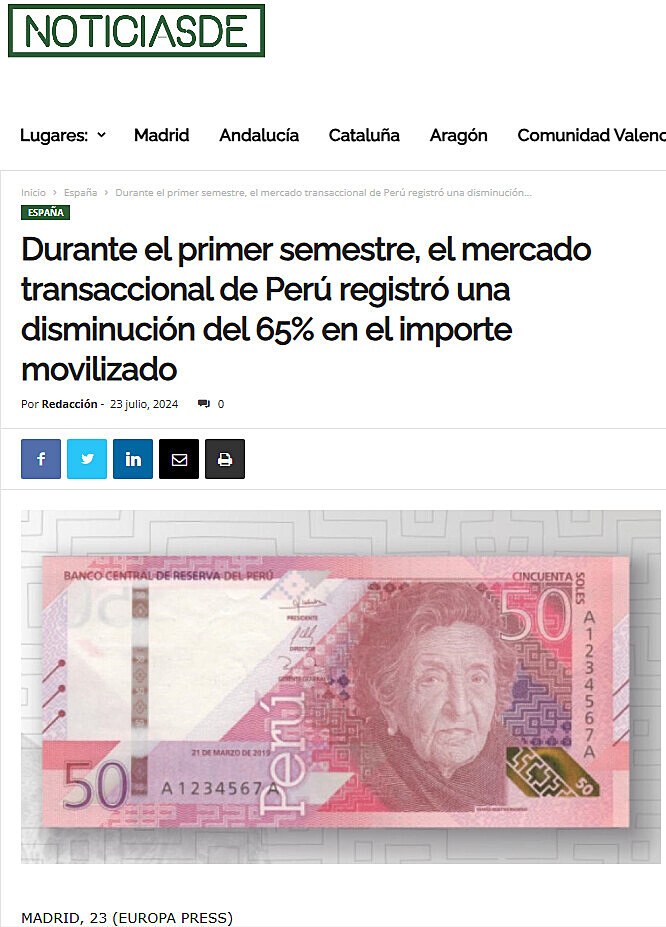 Durante el primer semestre, el mercado transaccional de Per registr una disminucin del 65% en el importe movilizado